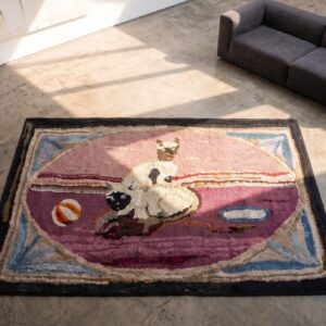 Purple Hooked Antique Wool 1930s American Small Scatter Size Rug (SKU 20249) - styled overhead view