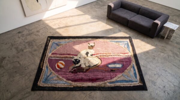 Purple hooked antique wool 1930s american small scatter size rug 2 Purple hooked antique wool 1930s american small scatter size rug (sku 20249) - styled overhead view