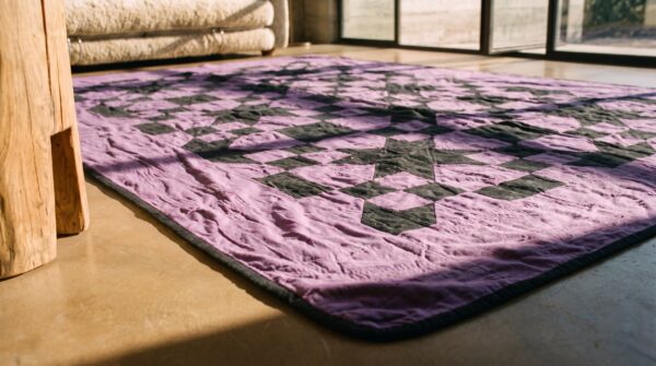 Purple antique quilt allover geometric needlework rug 8 Purple antique quilt allover geometric needlework rug (sku 20646) - in-room detail