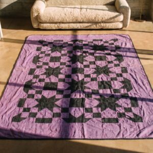 Purple Antique Quilt Allover Geometric Needlework Rug (SKU 20646) - styled overhead view