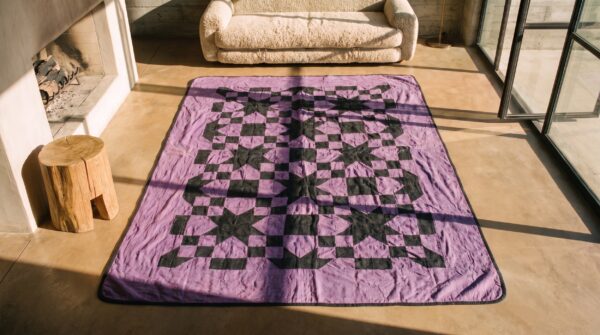Purple antique quilt allover geometric needlework rug 2 Purple antique quilt allover geometric needlework rug (sku 20646) - styled overhead view