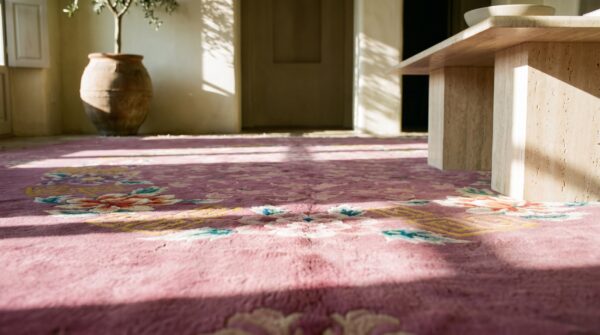 Purple antique rectangle chinese - art deco wool 1920s room size knotted rug 6 Purple antique rectangle chinese - art deco wool 1920s room size knotted rug (sku 21911) - in-room detail