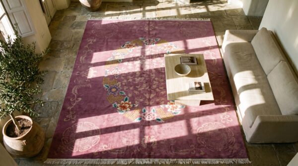 Purple antique rectangle chinese - art deco wool 1920s room size knotted rug 2 Purple antique rectangle chinese - art deco wool 1920s room size knotted rug (sku 21911) - styled overhead view