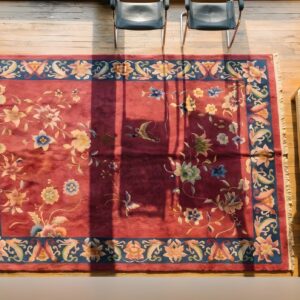 Purple Room Size Antique Hand Knotted Wool Pile Floral Deco Chinese Rug (SKU 23071) - styled overhead view