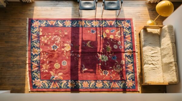 Purple room size antique hand knotted wool pile floral deco chinese rug 2 Purple room size antique hand knotted wool pile floral deco chinese rug (sku 23071) - styled overhead view