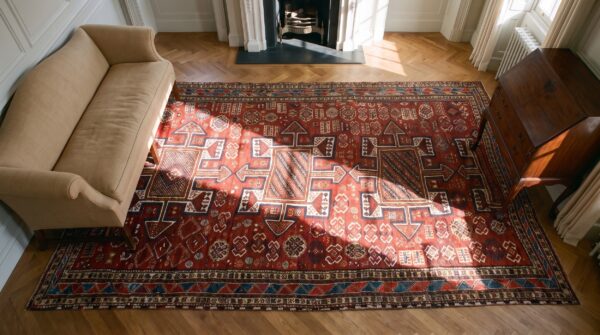 Antique quchan - kordi hallway runner wool red rug 2 Antique quchan - kordi hallway runner wool red rug (sku 25525) - styled overhead view