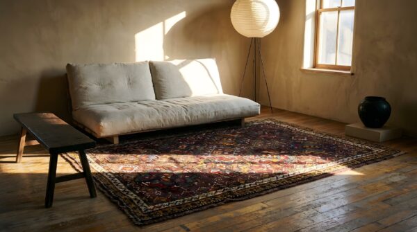 Antique quchan - kordi persian knotted rug 2 Antique quchan - kordi persian knotted rug (sku 24047) - styled overhead view