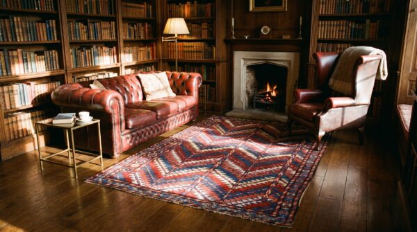 Antique quchan kordi persian allover geometric square rug 7 Antique quchan kordi persian allover geometric square rug (sku 25111) - room view