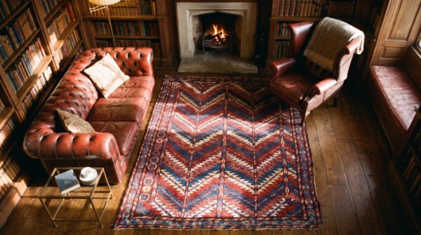 Antique quchan kordi persian allover geometric square rug 2 Antique quchan kordi persian allover geometric square rug (sku 25111) - styled overhead view