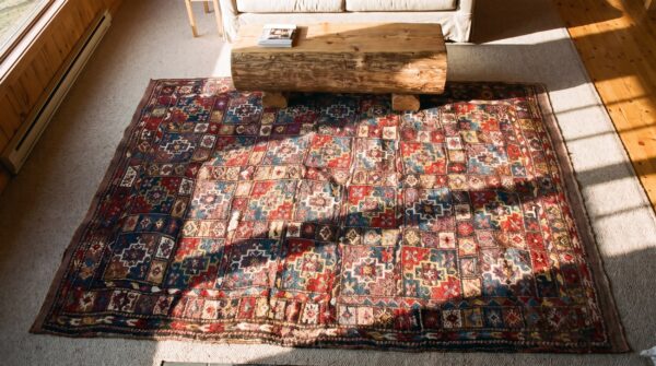 Antique quchan - kordi small scatter size wool multicolor rug 2 Antique quchan - kordi small scatter size wool multicolor rug (sku 24496) - styled overhead view