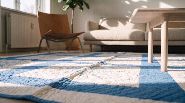 Antique quilt allover floral needlework rug (sku 20630) - in-room detail