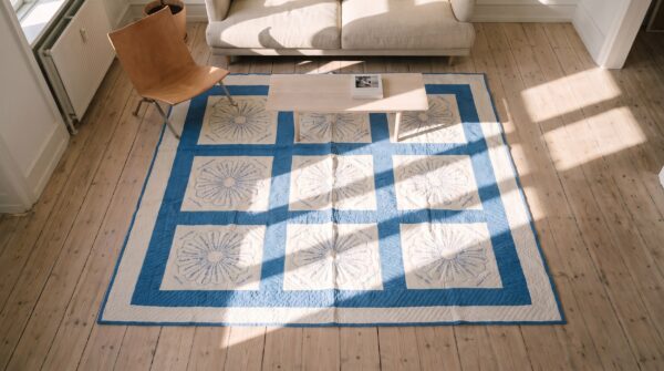 Antique quilt allover floral needlework rug (sku 20630) - styled overhead view