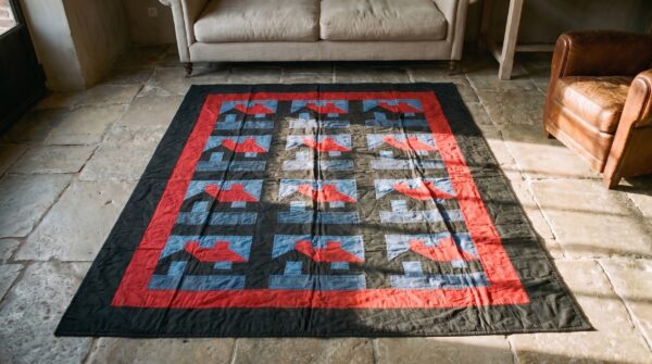 Antique quilt america blue 1920s rug 2 Antique quilt america blue 1920s rug (sku 20672) - styled overhead view