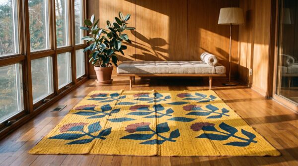 Antique quilt america flat weave square yellow rug 11 Antique quilt america flat weave square yellow rug (sku 20674) - room view