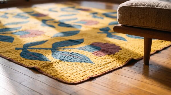 Antique quilt america flat weave square yellow rug 12 Antique quilt america flat weave square yellow rug (sku 20674) - in-room detail