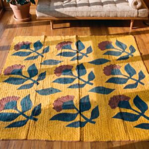 Antique Quilt America Flat Weave Square Yellow Rug (SKU 20674) - styled overhead view