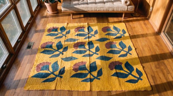 Antique quilt america flat weave square yellow rug 2 Antique quilt america flat weave square yellow rug (sku 20674) - styled overhead view