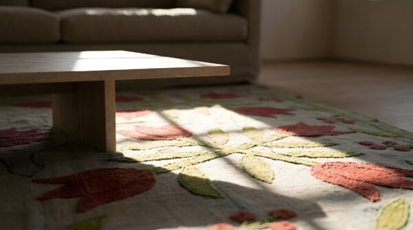 Antique quilt america floral flat weave square rug 8 Antique quilt america floral flat weave square rug (sku 25026) - in-room detail