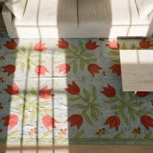 Antique Quilt America Floral Flat Weave Square Rug (SKU 25026) - styled overhead view