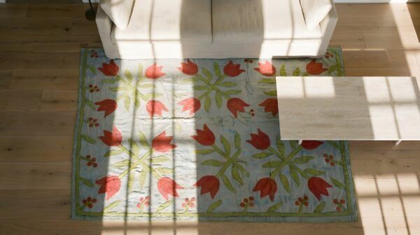 Antique quilt america floral flat weave square rug 2 Antique quilt america floral flat weave square rug (sku 25026) - styled overhead view