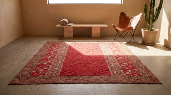 Antique quilt american red 1920s square rug 8 Antique quilt american red 1920s square rug (sku 20659) - room view