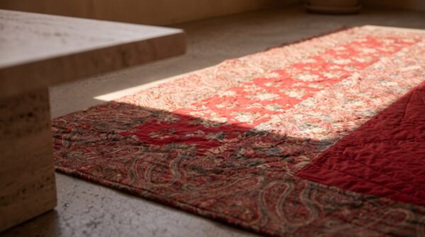 Antique quilt american red 1920s square rug 9 Antique quilt american red 1920s square rug (sku 20659) - in-room detail