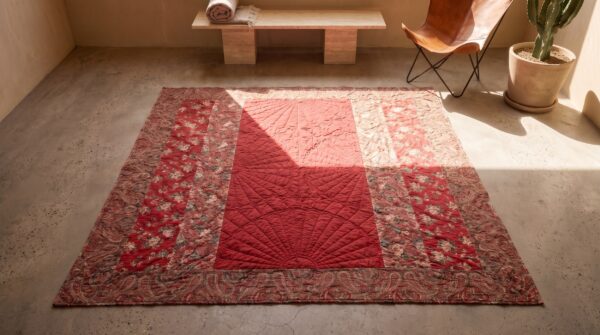 Antique quilt american red 1920s square rug 2 Antique quilt american red 1920s square rug (sku 20659) - styled overhead view