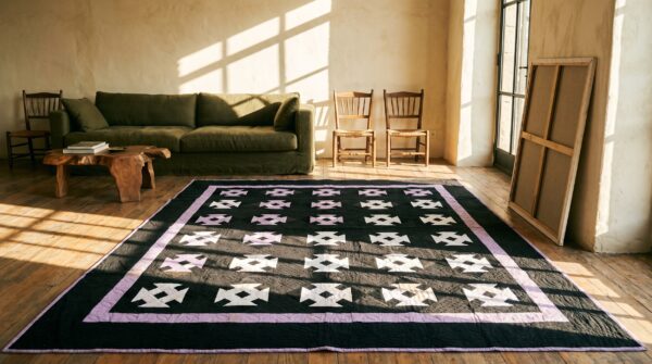 Antique quilt american knotted square rug 7 Antique quilt american knotted square rug (sku 20614) - room view