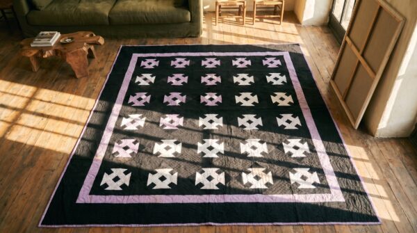 Antique quilt american knotted square rug 2 Antique quilt american knotted square rug (sku 20614) - styled overhead view