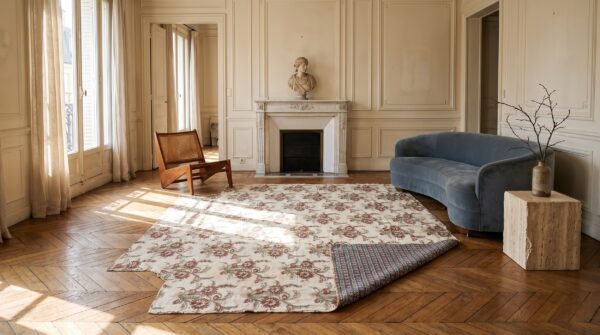 Antique quilt american usa allover floral needlework square rug 11 Antique quilt american usa allover floral needlework square rug (sku 20624) - room view