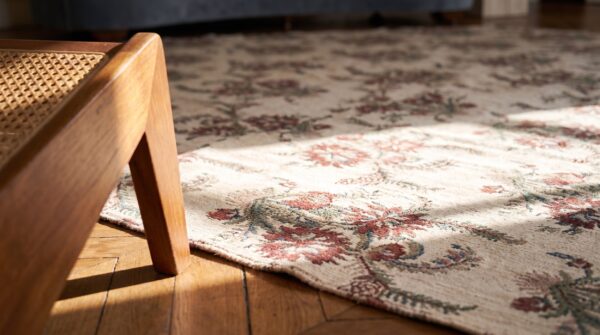 Antique quilt american usa allover floral needlework square rug 12 Antique quilt american usa allover floral needlework square rug (sku 20624) - in-room detail