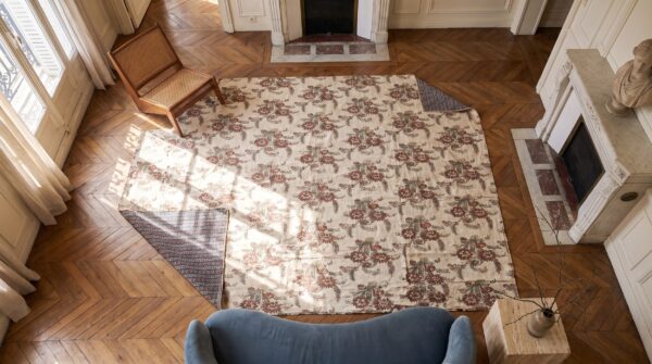 Antique quilt american usa allover floral needlework square rug 2 Antique quilt american usa allover floral needlework square rug (sku 20624) - styled overhead view