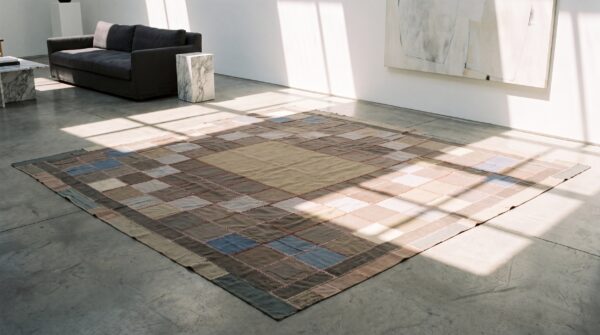 Antique quilt american usa geometric medallion square hand knotted pile rug 10 Antique quilt american usa geometric medallion square hand knotted pile rug (sku 20675) - room view