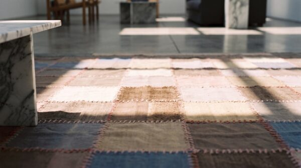 Antique quilt american usa geometric medallion square hand knotted pile rug 11 Antique quilt american usa geometric medallion square hand knotted pile rug (sku 20675) - in-room detail
