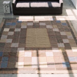 Antique Quilt American USA Geometric Medallion Square Hand Knotted Pile Rug (SKU 20675) - styled overhead view