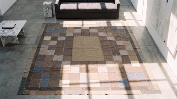 Antique quilt american usa geometric medallion square hand knotted pile rug 2 Antique quilt american usa geometric medallion square hand knotted pile rug (sku 20675) - styled overhead view