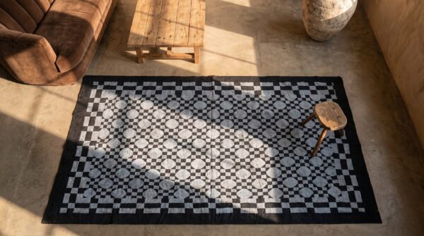 Antique quilt hallway runner wool blue rug 2 Antique quilt hallway runner wool blue rug (sku 20653) - styled overhead view