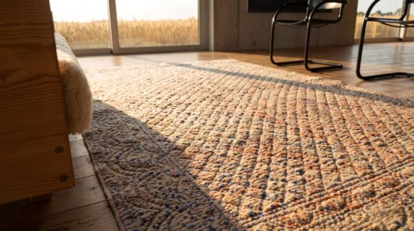 Antique quilt wool ivory square rug 6 Antique quilt wool ivory square rug (sku 20627) - in-room detail