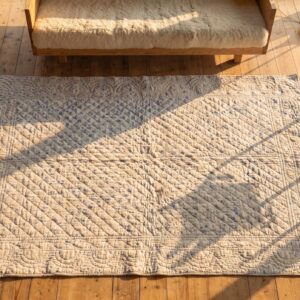 Antique Quilt Wool Ivory Square Rug (SKU 20627) - styled overhead view