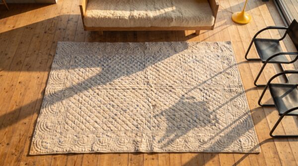 Antique quilt wool ivory square rug 2 Antique quilt wool ivory square rug (sku 20627) - styled overhead view