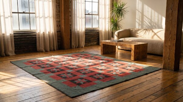Antique quilt multicolor 1890s wool knotted america small scatter size rug 5 Antique quilt multicolor 1890s wool knotted america small scatter size rug (sku 20697) - room view