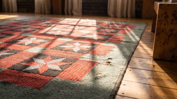 Antique quilt multicolor 1890s wool knotted america small scatter size rug 6 Antique quilt multicolor 1890s wool knotted america small scatter size rug (sku 20697) - in-room detail