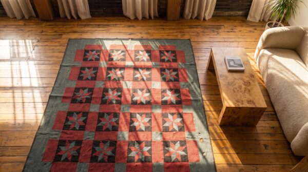 Antique quilt multicolor 1890s wool knotted america small scatter size rug 2 Antique quilt multicolor 1890s wool knotted america small scatter size rug (sku 20697) - styled overhead view
