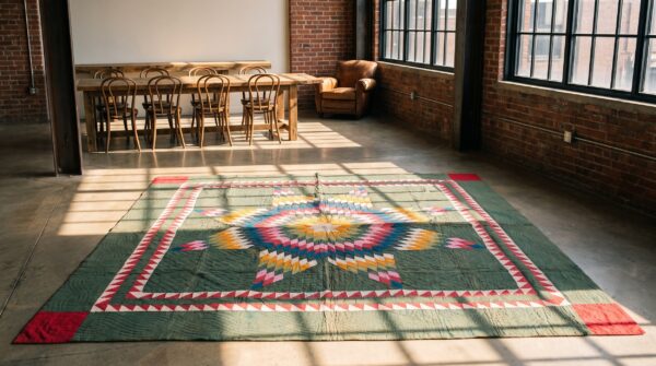 Antique quilt wool multicolor square rug 7 Antique quilt wool multicolor square rug (sku 20637) - room view
