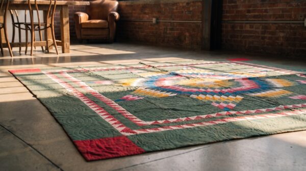 Antique quilt wool multicolor square rug 8 Antique quilt wool multicolor square rug (sku 20637) - in-room detail