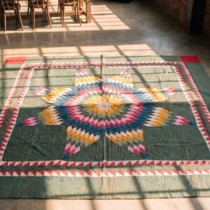 Antique Quilt Wool Multicolor Square Rug (SKU 20637) - styled overhead view