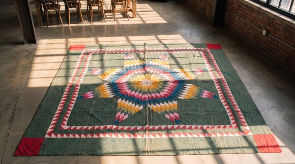 Antique quilt wool multicolor square rug 2 Antique quilt wool multicolor square rug (sku 20637) - styled overhead view