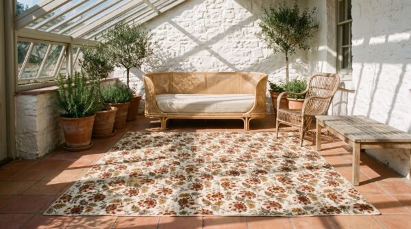 Knotted quilt antique multicolor square small scatter 1920s wool rug (sku 20718) - room view