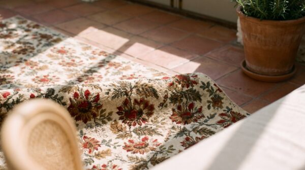 Knotted quilt antique multicolor square small scatter 1920s wool rug (sku 20718) - in-room detail