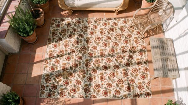Knotted quilt antique multicolor square small scatter 1920s wool rug (sku 20718) - styled overhead view